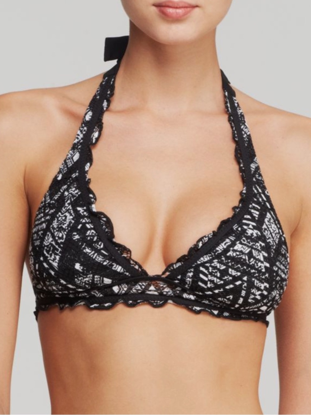 Woman’s BECCA Black & White Lace-Trim Halter Bikini Top